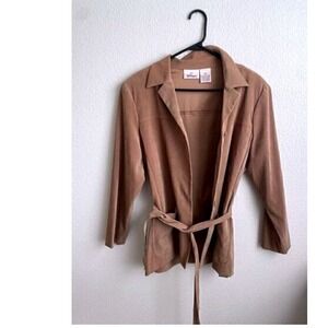 Worthington Petite Size 12P Brown Blazer Jacket Tie Front Career Casual Tan